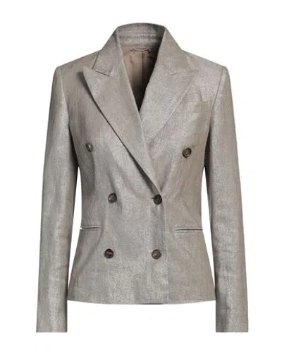 Brunello Cucinelli Woman Blazer Khaki Size 8 Linen, Polyester, Polyamide, Brass In Gray