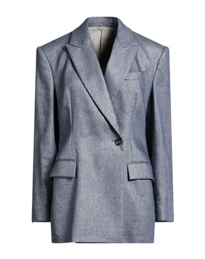 Brunello Cucinelli Woman Blazer Slate Blue Size 6 Linen, Virgin Wool, Polyester, Polyamide, Brass