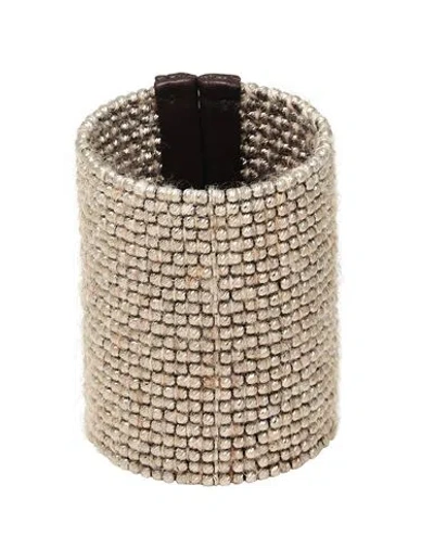 Brunello Cucinelli Woman Bracelet Taupe Size L Metal, Leather, Textile Fibers In Grey