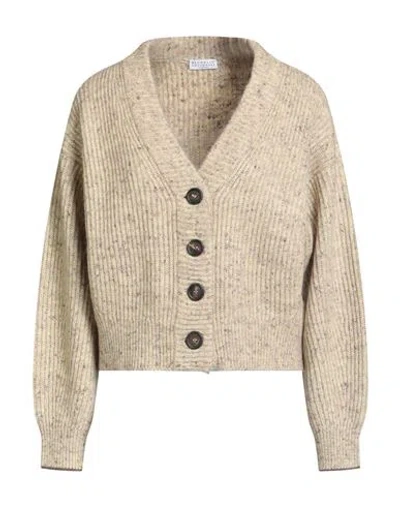 Brunello Cucinelli Woman Cardigan Beige Size Xl Wool, Polyamide, Mohair Wool, Linen, Ecobrass In Sand