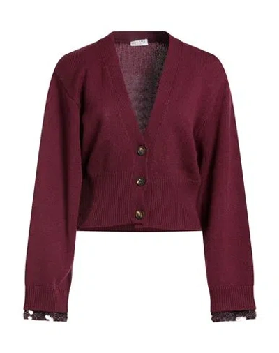 Brunello Cucinelli Woman Cardigan Burgundy Size M Virgin Wool, Cashmere, Silk, Synthetic Fibers, Gla