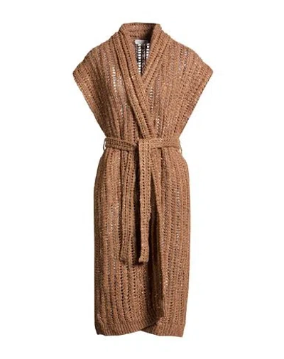 Brunello Cucinelli Woman Cardigan Camel Size Xl Silk, Linen, Polyamide, Polyester In Brown
