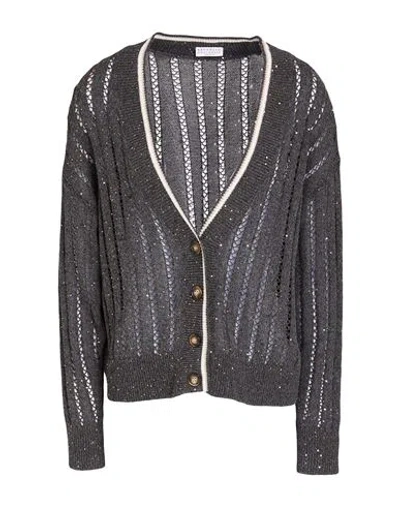Brunello Cucinelli Woman Cardigan Charcoal Size Xxl Linen, Nylon, Cotton, Polyester In Gray