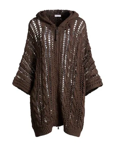 Brunello Cucinelli Woman Cardigan Chocolate Brown Size Xl Jute, Cotton, Polyamide, Leather, Brass