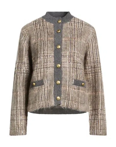 Brunello Cucinelli Woman Cardigan Taupe Size Xs Virgin Wool, Mohair Wool, Polyamide, Cashmere, Silk In Grey