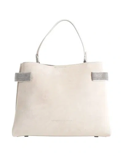 Brunello Cucinelli Suede Tote Bag Structured Top Handles In White