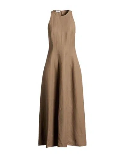 Brunello Cucinelli Women Brown Solid Round Neck Maxi Dress In Black