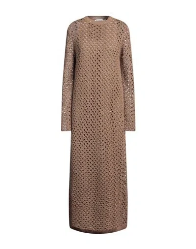 Brunello Cucinelli Woman Midi Dress Brown Size M Cotton, Linen, Silk, Polyamide