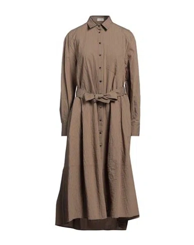 Brunello Cucinelli Woman Midi Dress Camel Size S Cotton, Polyamide, Acetate, Silk, Brass In Beige