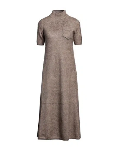 Brunello Cucinelli Woman Midi Dress Khaki Size M Virgin Wool, Mohair Wool, Polyamide, Cashmere, Silk In Beige