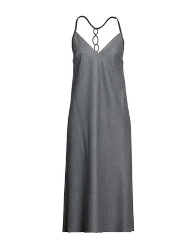 Brunello Cucinelli Woman Midi Dress Lead Size M Virgin Wool, Brass, Soft Leather In Grey