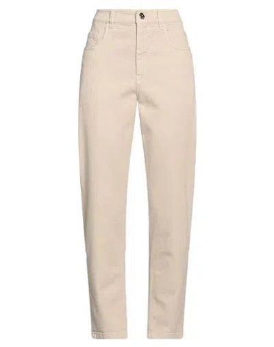 Brunello Cucinelli Woman Pants Beige Size 8 Cotton, Elastane, Leather, Brass In Beige