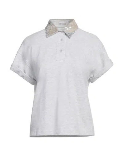 BRUNELLO CUCINELLI BRUNELLO CUCINELLI WOMAN POLO SHIRT LIGHT GREY SIZE M COTTON, LINEN, SILK, POLYESTER, METALLIC POLYE