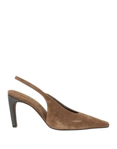 Brunello Cucinelli Bead-embellished Suede Slingback Pumps In Brown