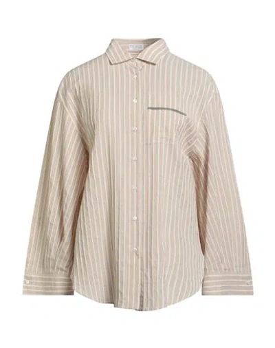 Brunello Cucinelli Woman Shirt Beige Size M Cotton, Virgin Wool, Ecobrass In Sand
