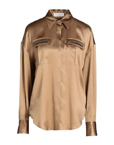 Brunello Cucinelli Woman Shirt Camel Size Xl Silk, Elastane In Beige