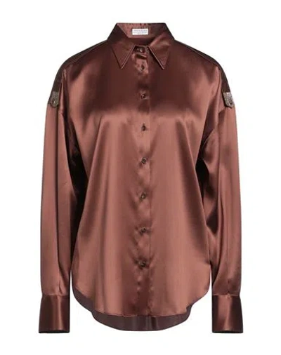 Brunello Cucinelli Woman Shirt Chocolate Brown Size Xl Silk, Elastane, Brass, Ecobrass