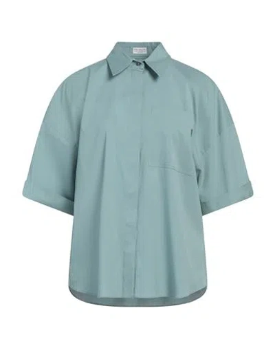 Brunello Cucinelli Woman Shirt Pastel Blue Size M Cotton, Polyamide, Elastane, Brass, Ecobrass