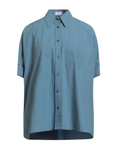 Brunello Cucinelli Woman Shirt Slate Blue Size M Cotton, Ecobrass