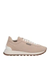 Brunello Cucinelli Beige Low Top Sneakers With Monil Detail On The Side And Embossed Logo Lettering On The Rear In Brown