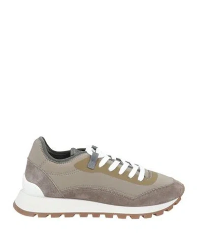 Brunello Cucinelli Woman Sneakers Khaki Size 7 Leather, Textile Fibers, Brass In Beige