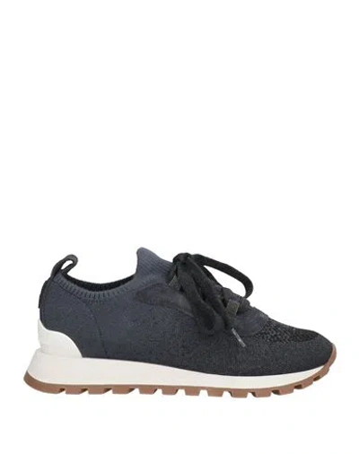 Brunello Cucinelli Woman Sneakers Midnight Blue Size 8 Textile Fibers, Leather In Black
