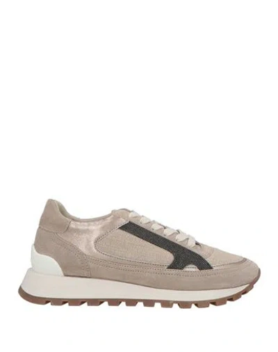 BRUNELLO CUCINELLI BRUNELLO CUCINELLI WOMAN SNEAKERS TAUPE SIZE 8 LEATHER, TEXTILE FIBERS, ECOBRASS