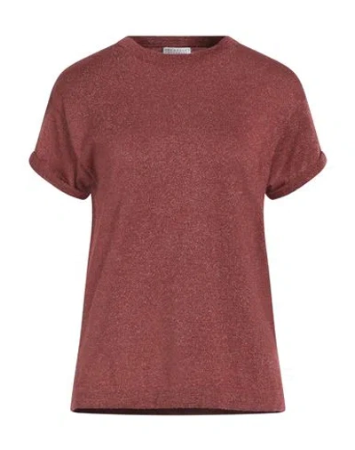 Brunello Cucinelli Woman Sweater Brick Size M Cashmere, Silk, Polyamide, Metallic Polyester In Red