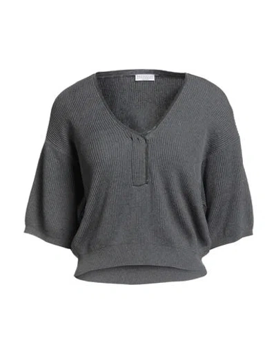 Brunello Cucinelli Woman Sweater Charcoal Size Xl Cotton, Brass In Gray