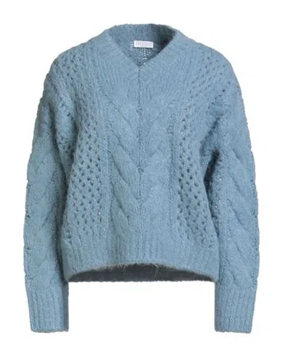 BRUNELLO CUCINELLI BRUNELLO CUCINELLI WOMAN SWEATER LIGHT BLUE SIZE 3XL ALPACA WOOL, POLYAMIDE, WOOL, BRASS