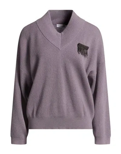 Brunello Cucinelli Woman Sweater Purple Size M Cashmere, Ecobrass, Leather