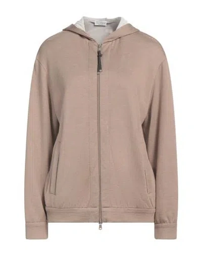 Brunello Cucinelli Woman Sweatshirt Camel Size L Cotton, Silk, Polyamide, Brass In Beige