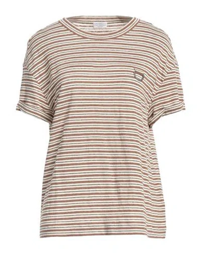 Brunello Cucinelli Woman T-shirt Camel Size Xl Linen, Viscose, Elastane, Metallic Fiber In Beige