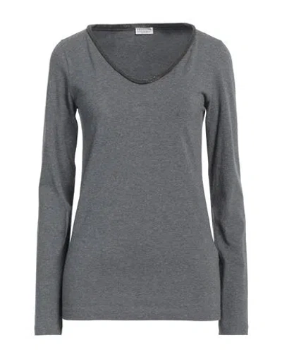 Brunello Cucinelli Woman T-shirt Lead Size Xl Cotton, Elastane, Brass In Grey