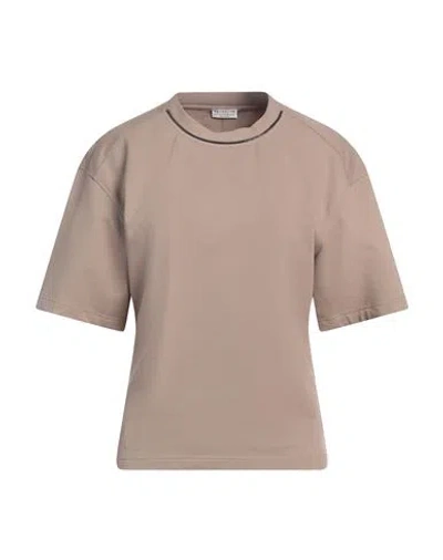 Brunello Cucinelli Woman T-shirt Light Brown Size L Cotton, Elastomultiester, Acetate, Silk, Brass In Beige
