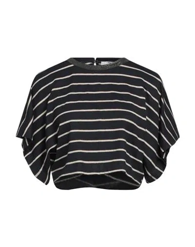 BRUNELLO CUCINELLI BRUNELLO CUCINELLI WOMAN T-SHIRT MIDNIGHT BLUE SIZE M LINEN, VISCOSE, ELASTANE, METALLIC FIBER