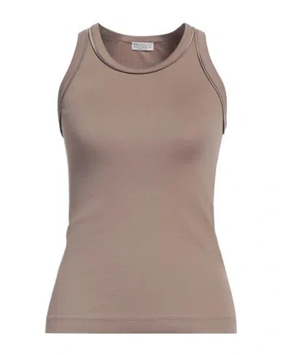 Brunello Cucinelli Woman Tank Top Khaki Size S Cotton, Elastane, Silk In Beige