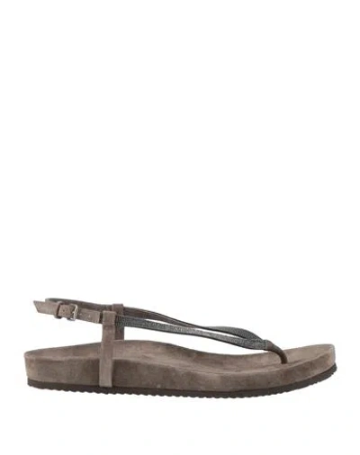 Brunello Cucinelli Woman Thong Sandal Taupe Size 9 Leather In Gray