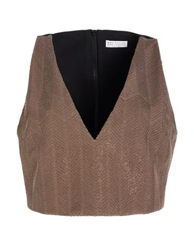 Brunello Cucinelli Woman Top Dark Brown Size L Polyester, Silk, Brass