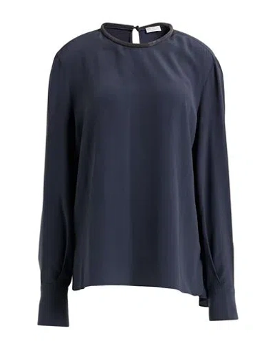 Brunello Cucinelli Woman Top Navy Size L Silk, Ecobrass In Blue