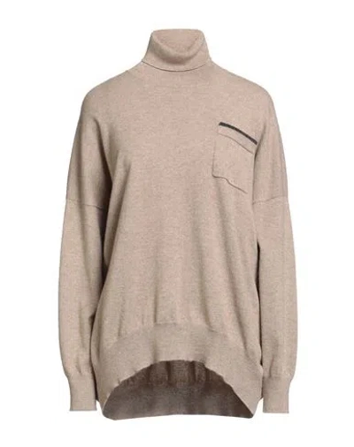 Brunello Cucinelli Woman Turtleneck Sand Size M Cashmere, Brass, Elastane In Brown