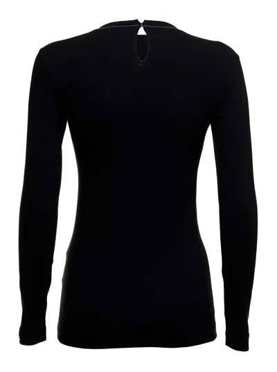 Brunello Cucinelli Womans Long-sleeved Black Cotton T-shirt With Monile Crew Neck