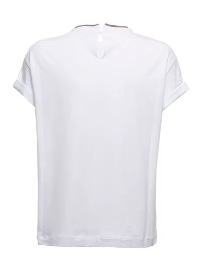 Brunello Cucinelli Womans White Cotton T-shirt With Monile Crew Neck