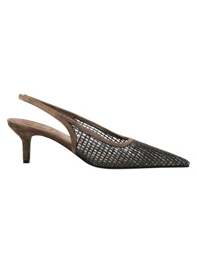 Brunello Cucinelli Women's 3d Monili 55mm Mesh Embroidered Slingback Pumps In Black