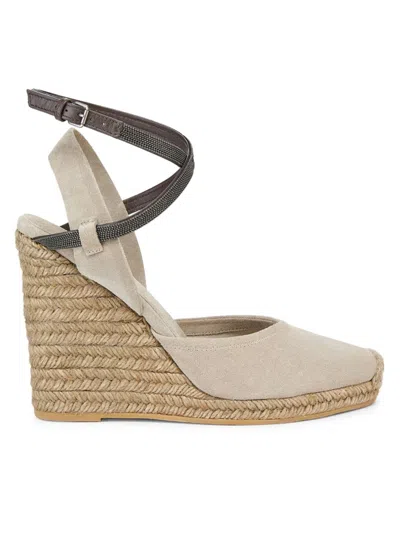 BRUNELLO CUCINELLI WOMEN'S 80MM MONILI-EMBELLISHED SUEDE ESPADRILLE WEDGE PUMPS