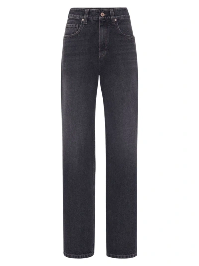 Brunello Cucinelli Women's Authentic Denim Loose Trousers With Shiny Tab In Anthracite