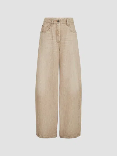 Brunello Cucinelli Women's Authentic Denim Wide Jeans With Monili In Brown