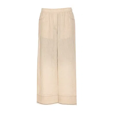 Brunello Cucinelli Women Baggy Crop Linen Pants With Shiny Cuffs In Beige