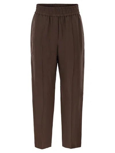 Brunello Cucinelli Women Baggy Pull-up Trousers In Viscose And Linen Fluid Twill In Brown