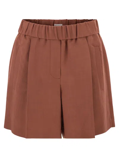 Brunello Cucinelli Women Baggy Shorts In Fluid Viscose And Linen Twill In Brown